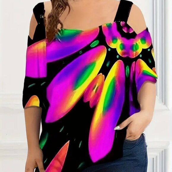 Women's Plus Size Magenta Colorblock Cold Shoulder Summer Trendy Blouse Top 20W - Picture 2 of 8